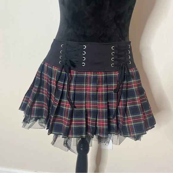 Royal Bones Daang Goodman Tripp Tartan Plaid Black Pleated Tulle Mini Skirt Sz M - Picture 4 of 10